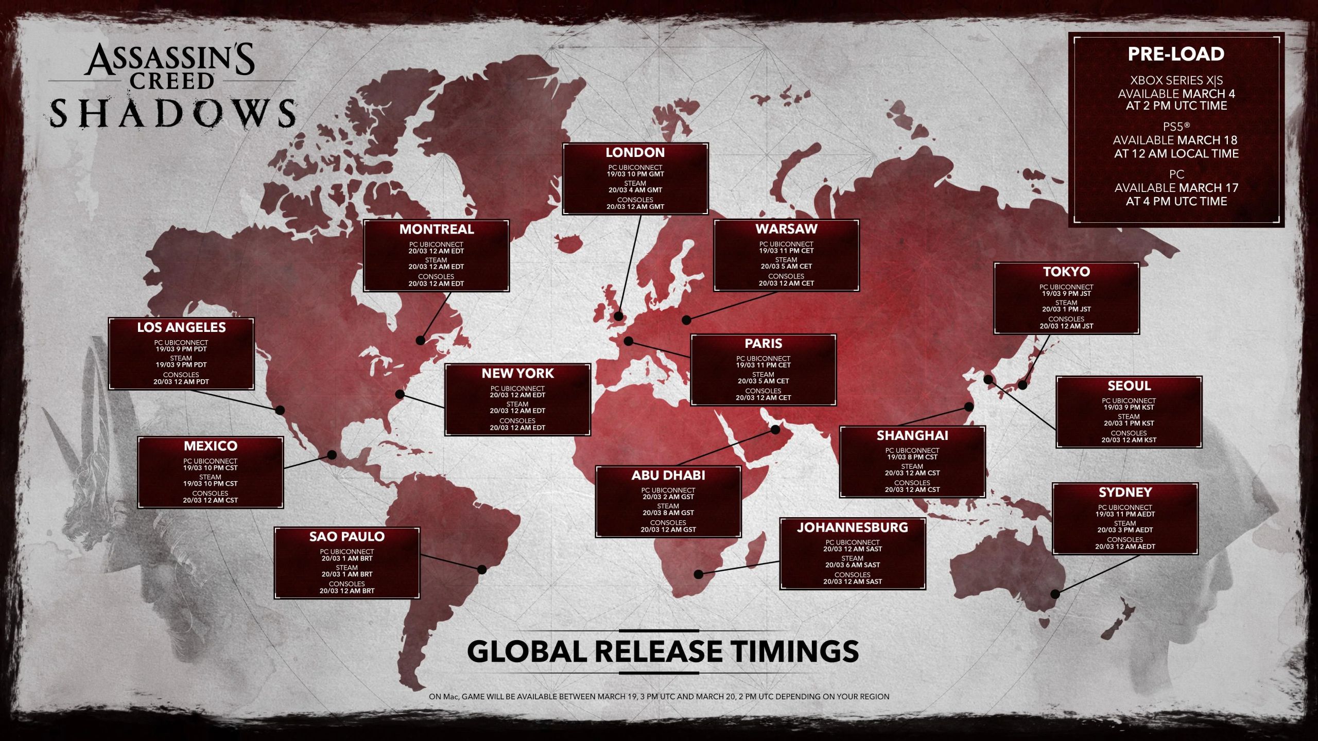 AC Shadows Launch - Global Release Times