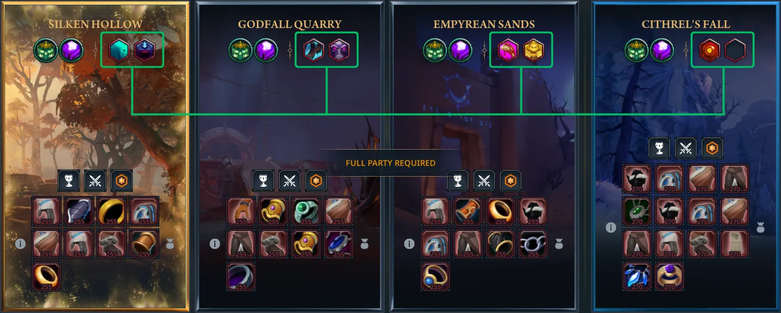 Displays the dungeon options for Eternal 1 as an example for dungeon curses