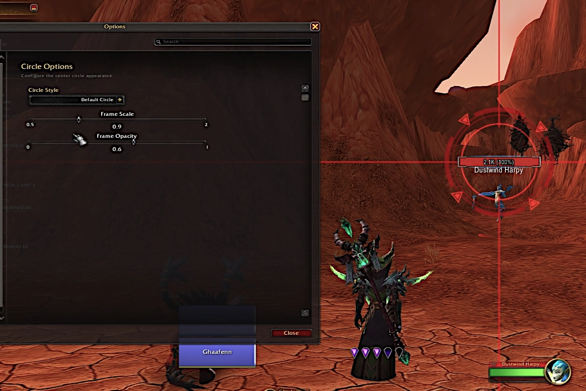 The CrosshairsPlus Addon settings window open in World of Warcraft, showing frame scale and opacity sliders while a red target reticle locks onto a Dustwind Harpy.