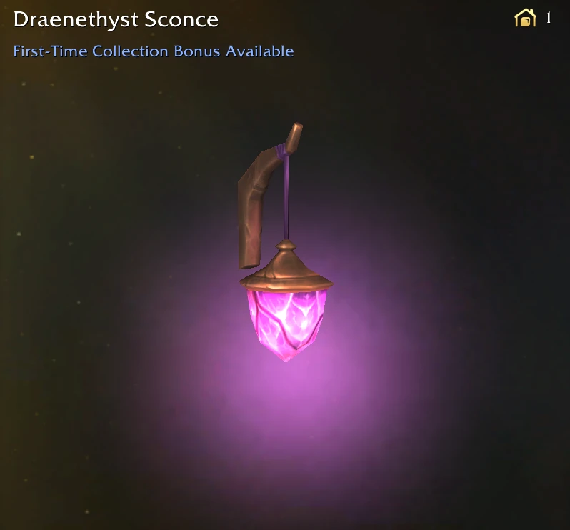 Draenethyst Sconce glowing with a pulsing pink light for craftable housing decor.