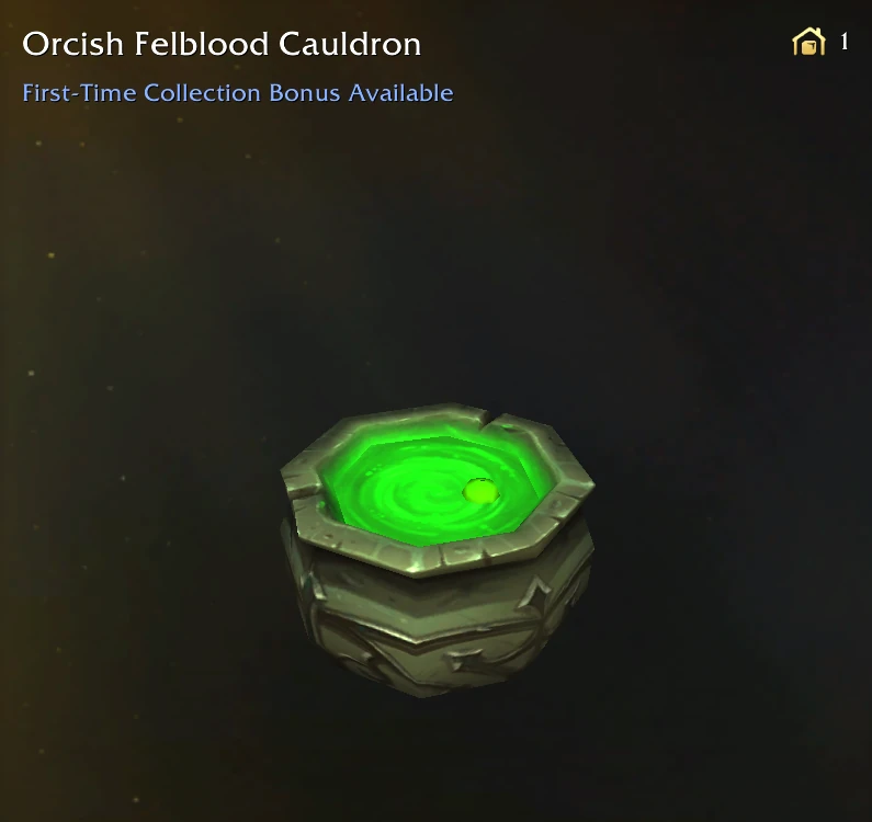 Orcish Felblood Cauldron filled with bubbling green fel blood that glows for a nice visual effect for craftable housing decor.