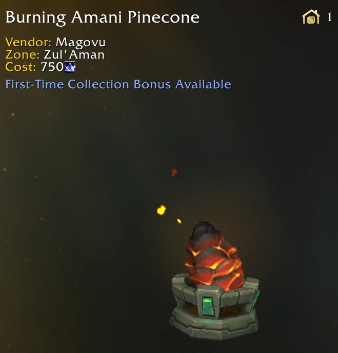 Stone pedestal holding a smoldering pinecone with glowing embers and drifting sparks.