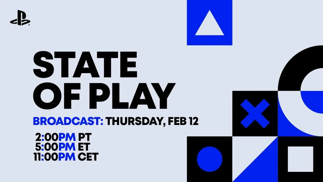 Playstation State of Play Broadcast on Thursday, February 12. The image displays information on different time zones.