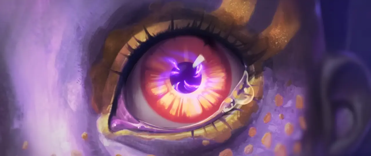 A close up of Xal'atath's eye, with golden eye make up and golden irises, suggesting she worshipped the Light