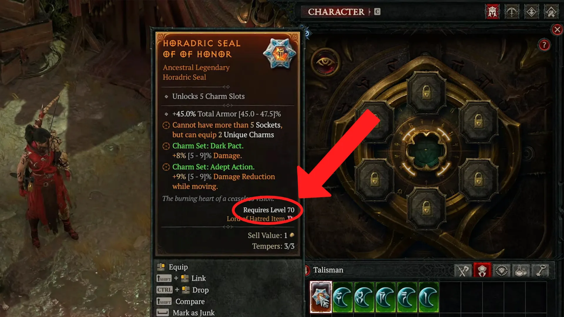 Diablo 4 Lord of Hatred Level Cap increase showcased during the spotlight stream on a Talisman Charm