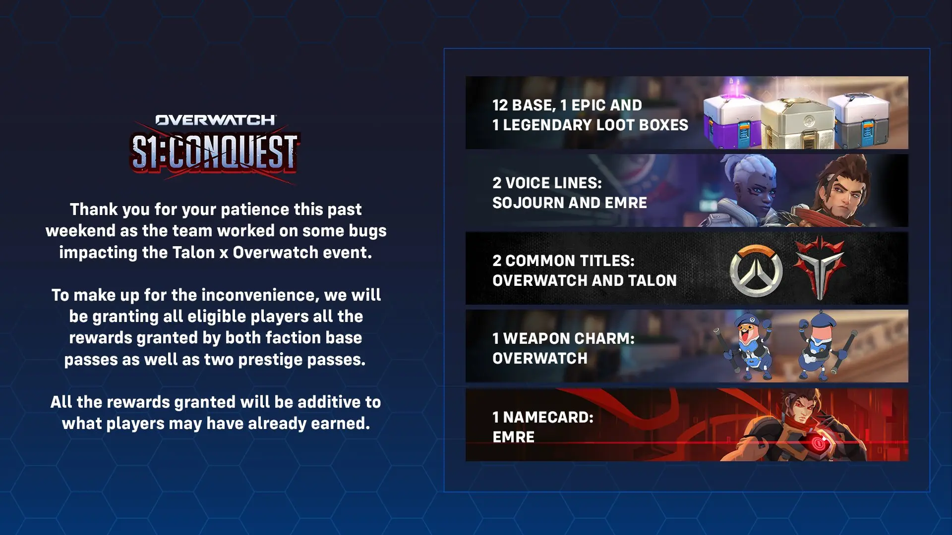 Overwatch S1 Conquest thank you message from Blizzard for players patience with recent bug issues. Free rewards for every eligible player.