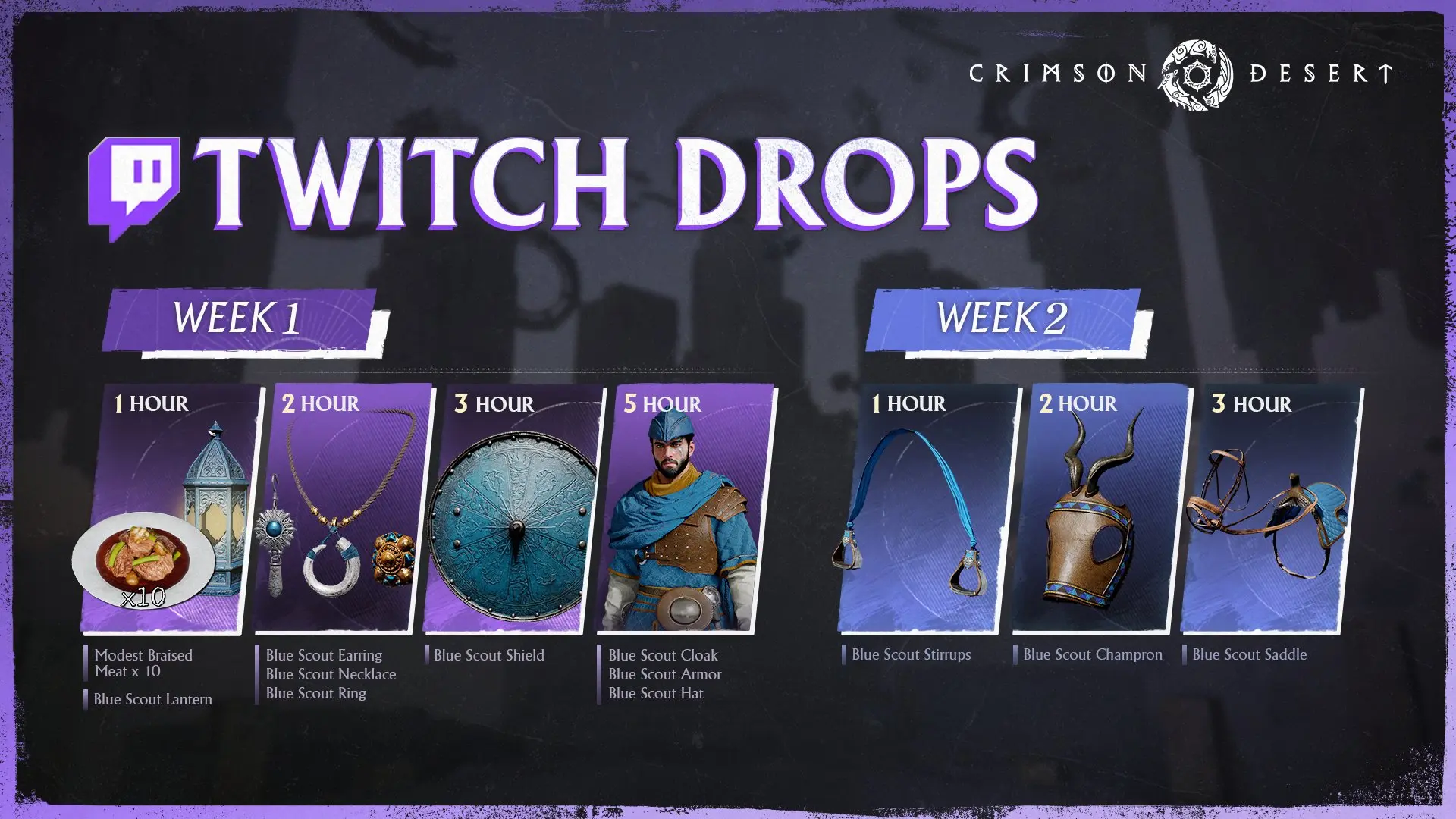 A promotional graphic for Crimson Desert Twitch Drops featuring two weeks of rewards. The layout is divided into Week 1 and Week 2 sections with time-based milestones:
Week 1 Rewards: Includes Modest Braised Meat, a Blue Scout Lantern, jewelry (earring, necklace, and ring), a circular teal Blue Scout Shield, and a character wearing the Blue Scout Cloak, Armor, and Hat.
Week 2 Rewards: Focuses on mount accessories including Blue Scout Stirrups, a horned Blue Scout Champron, and a Blue Scout Saddle.
The background is a dark purple with the game logo and Twitch icon in the top corners.