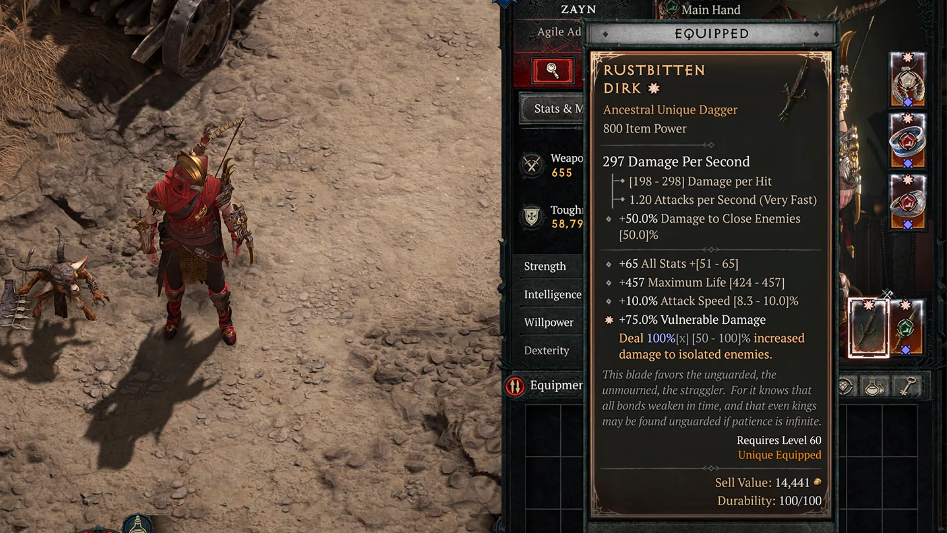 Rustbitten Dirk Unique Dagger item tooltip of Diablo 4 Season 12