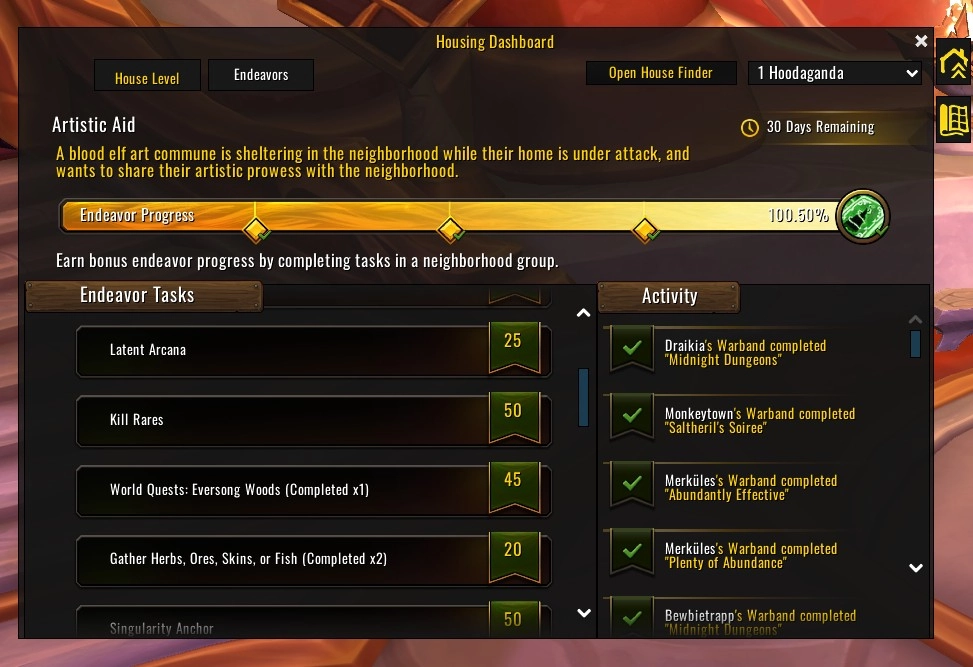 The Housing Dashboard's Endeavors tab, displaying endeavors tasks