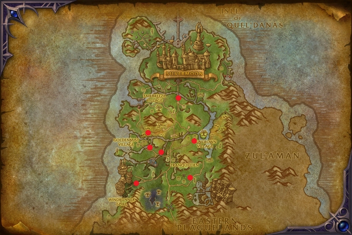 A map of eversong woods showing all the locations of the portraits for the Ever Painting achievement that rewards the Silvermoon Painter’s Cushion