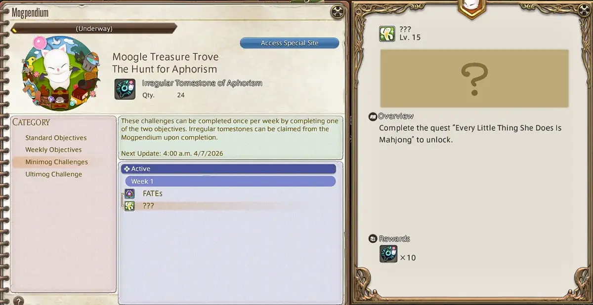 Can't figure out what that '???' task is? Check the Overview window on the right to find unlock details.