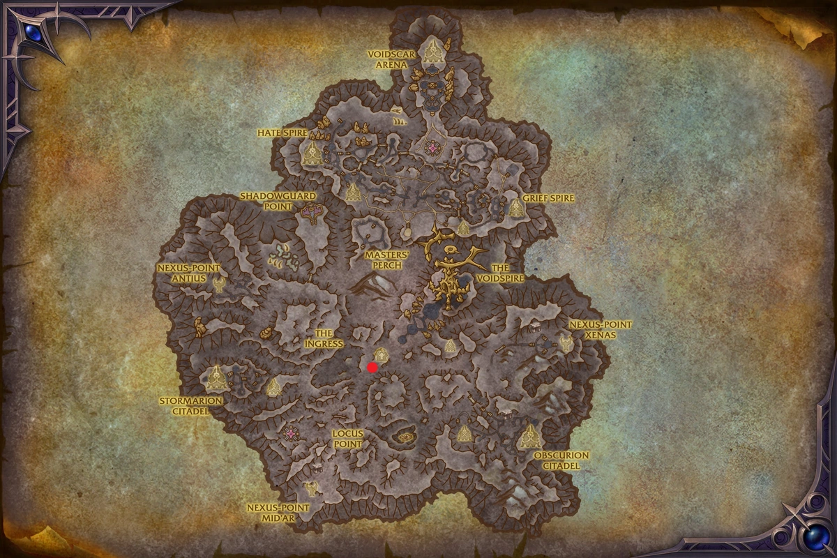 An image of a map of Voidstorm showing the location of the Voidspire Story Mode NPC