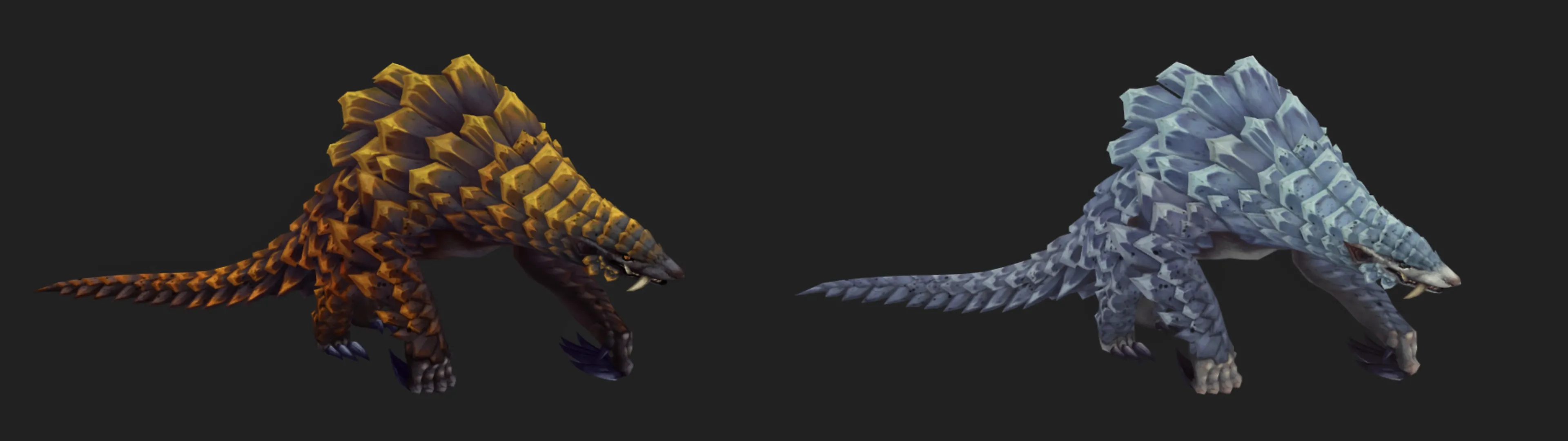 The image displays two color variants of the pango animal transformation toy in WoW Midnight