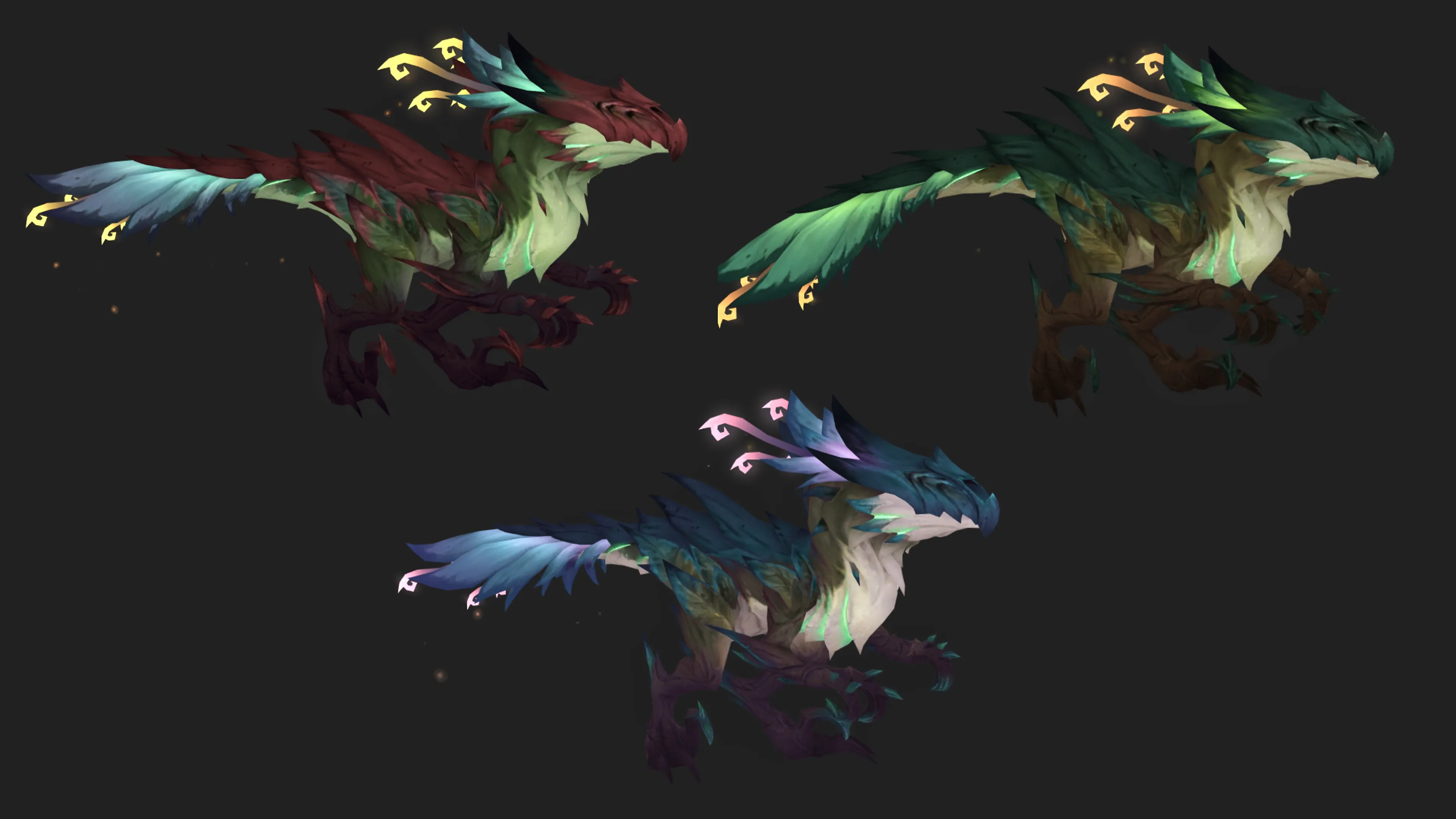 Image shows the different color variants of the raptor like transformation from the Saptor Salve toy in WoW Midnight