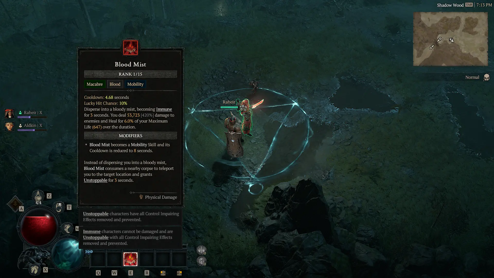 Necromancer skill tree from Diablo 4, with the Blood Mist skill tooltip visible, including the Blood Rush modifier.