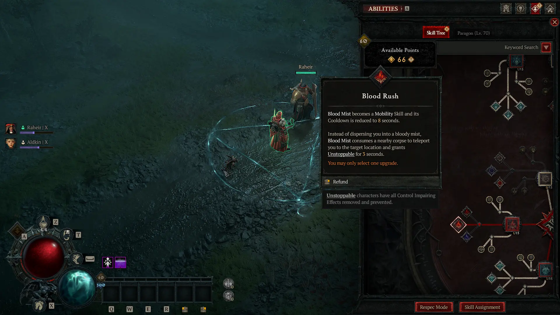 Necromancer skill tree from Diablo 4, with the Blood Rush skill tree node tooltip visible.