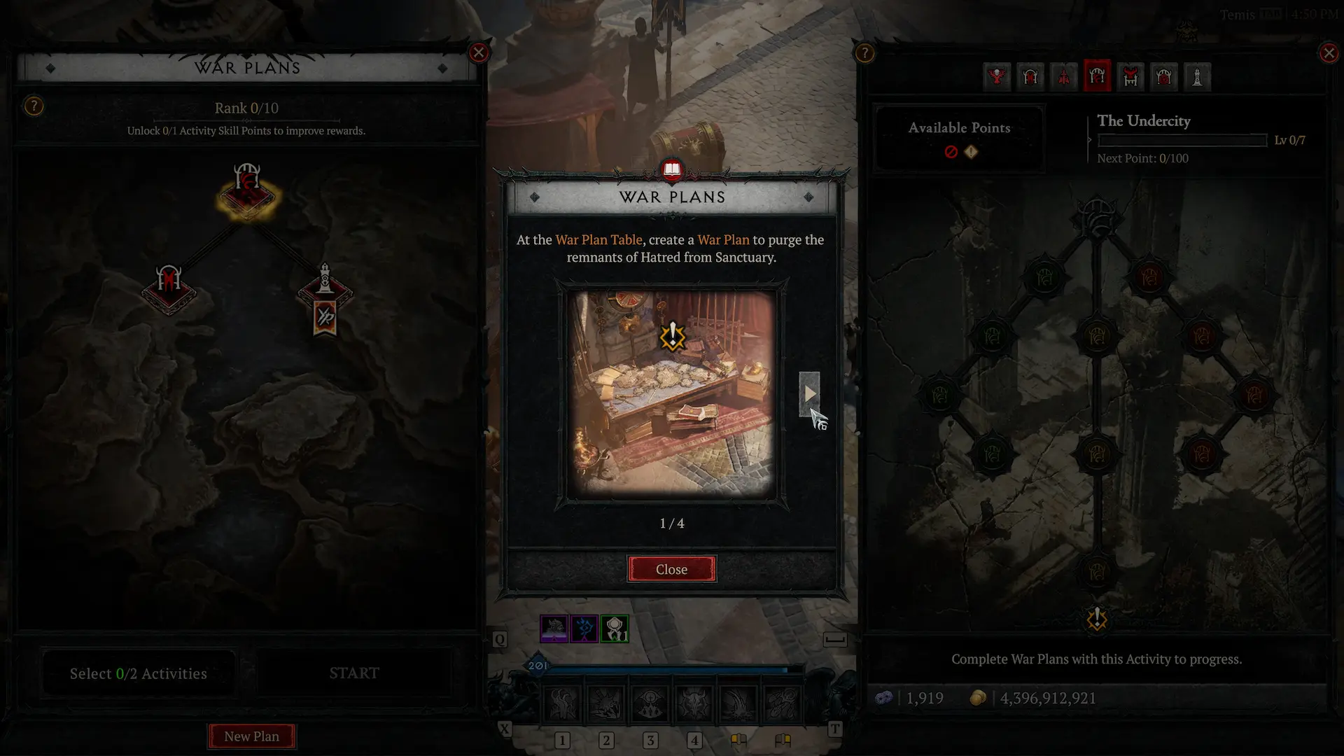 War Plans UI showing the path on the left and respective activity skill tree on the right, for Diablo 4: Lord of Hatred