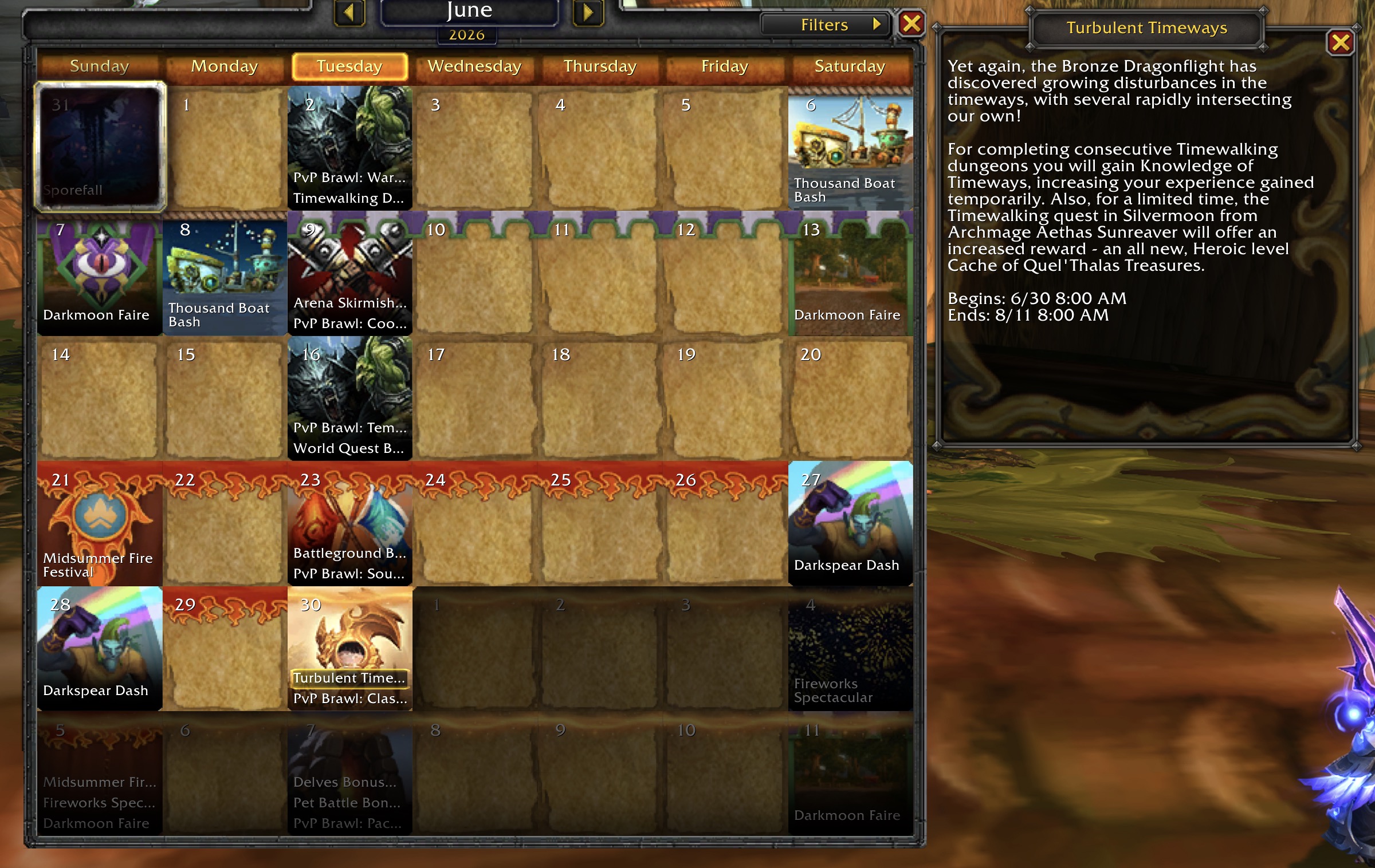 Calendario PTR WoW