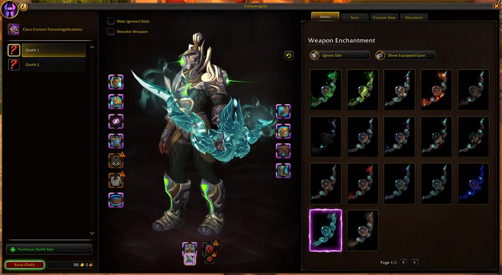 Menú de transmog mostrando las opciones de ilusión disponibles