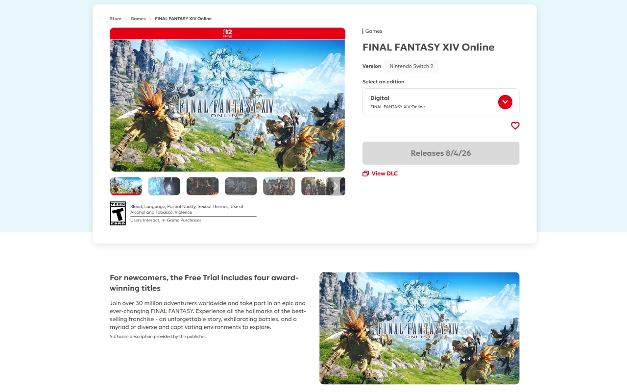 A screenshot of the Nintendo store page for FFXIV.