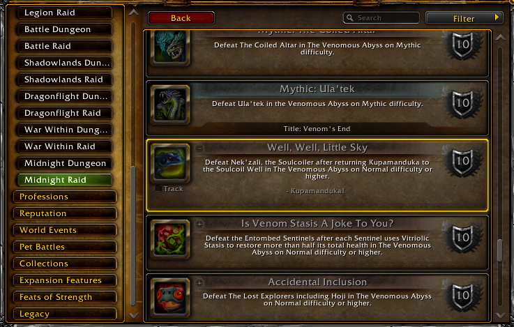 Ventana de logros de World of Warcraft con el nuevo botón de volver atrás