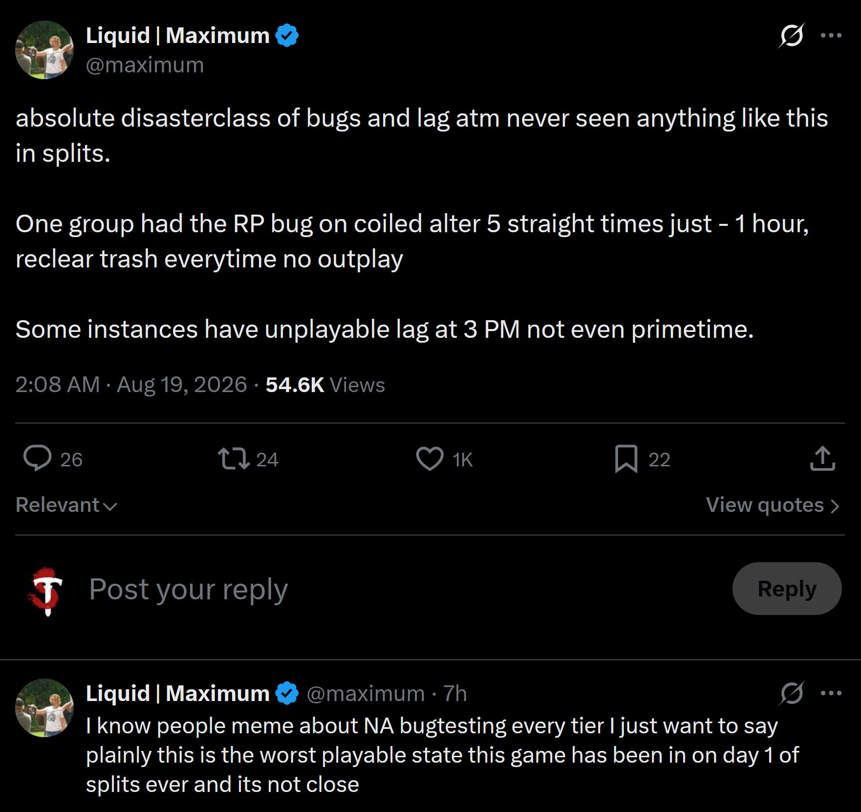 Comentario de Liquid sobre los bugs y el lag en Venomous Abyss