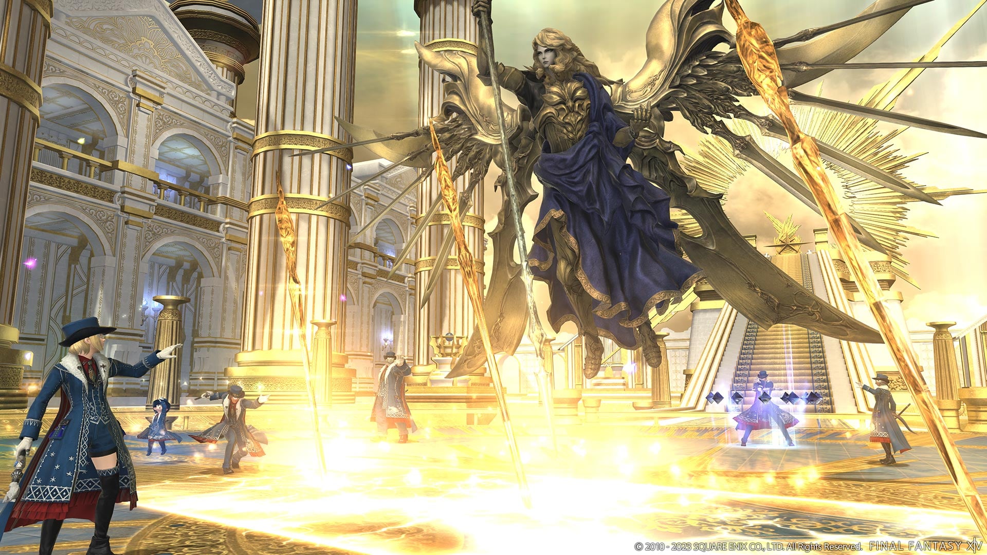 A team of Blue Mages fighting a boss