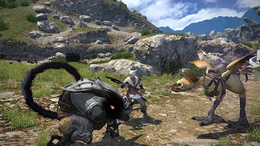A Chocobo and its master in battle with an enemy in the overworld
