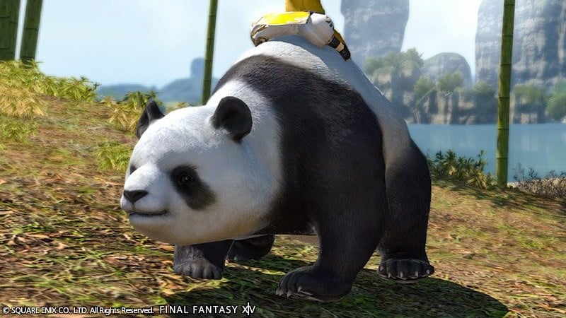 A panda being ridden through a forest