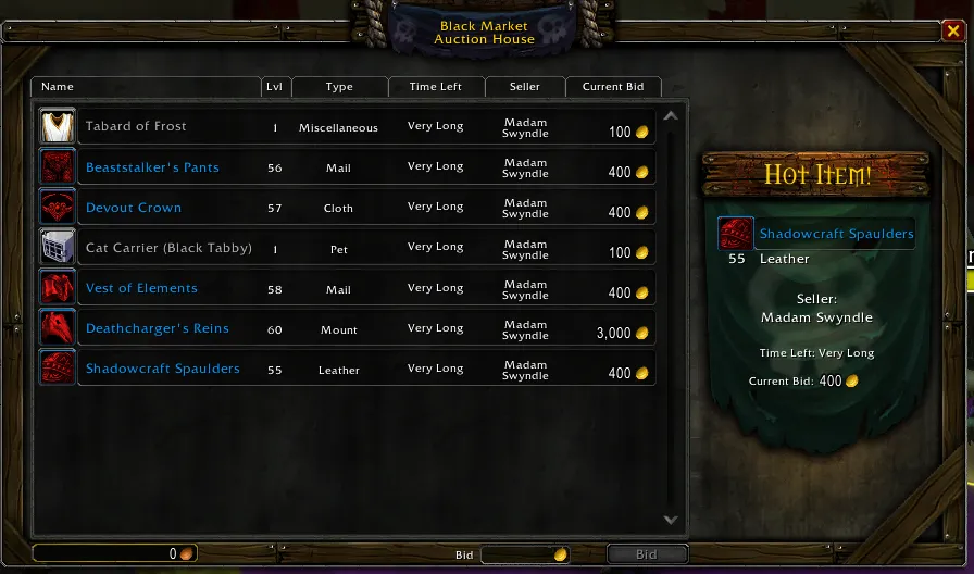 A Black Market Auction House listing on WoW Forever.