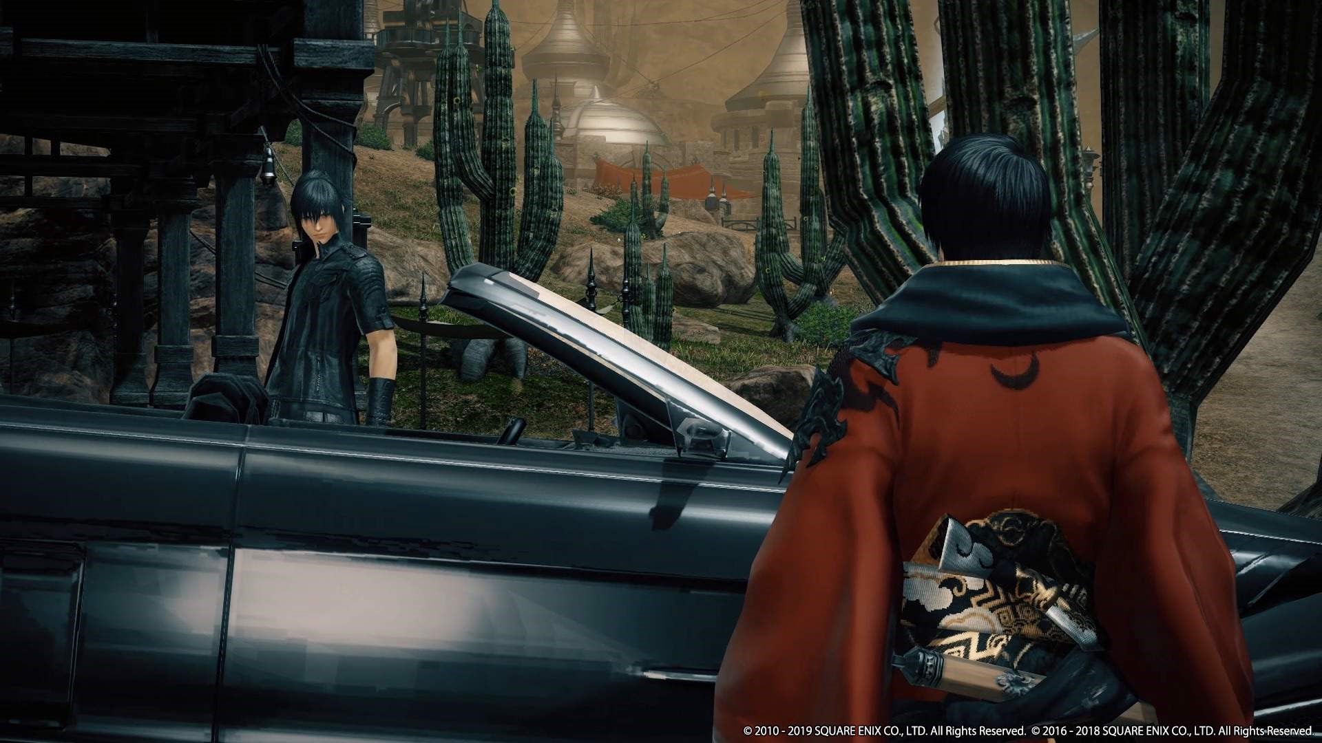Noctis and the Warrior of Light standing next to his Regalia