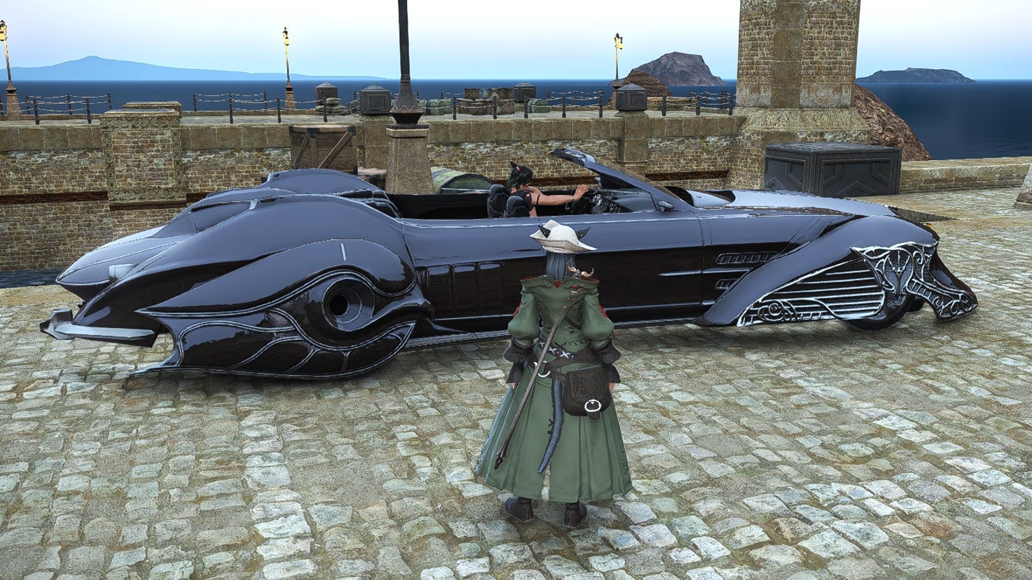 A female character standing next to the Regalia Type-G mount from the Final Fantasy XV collab
