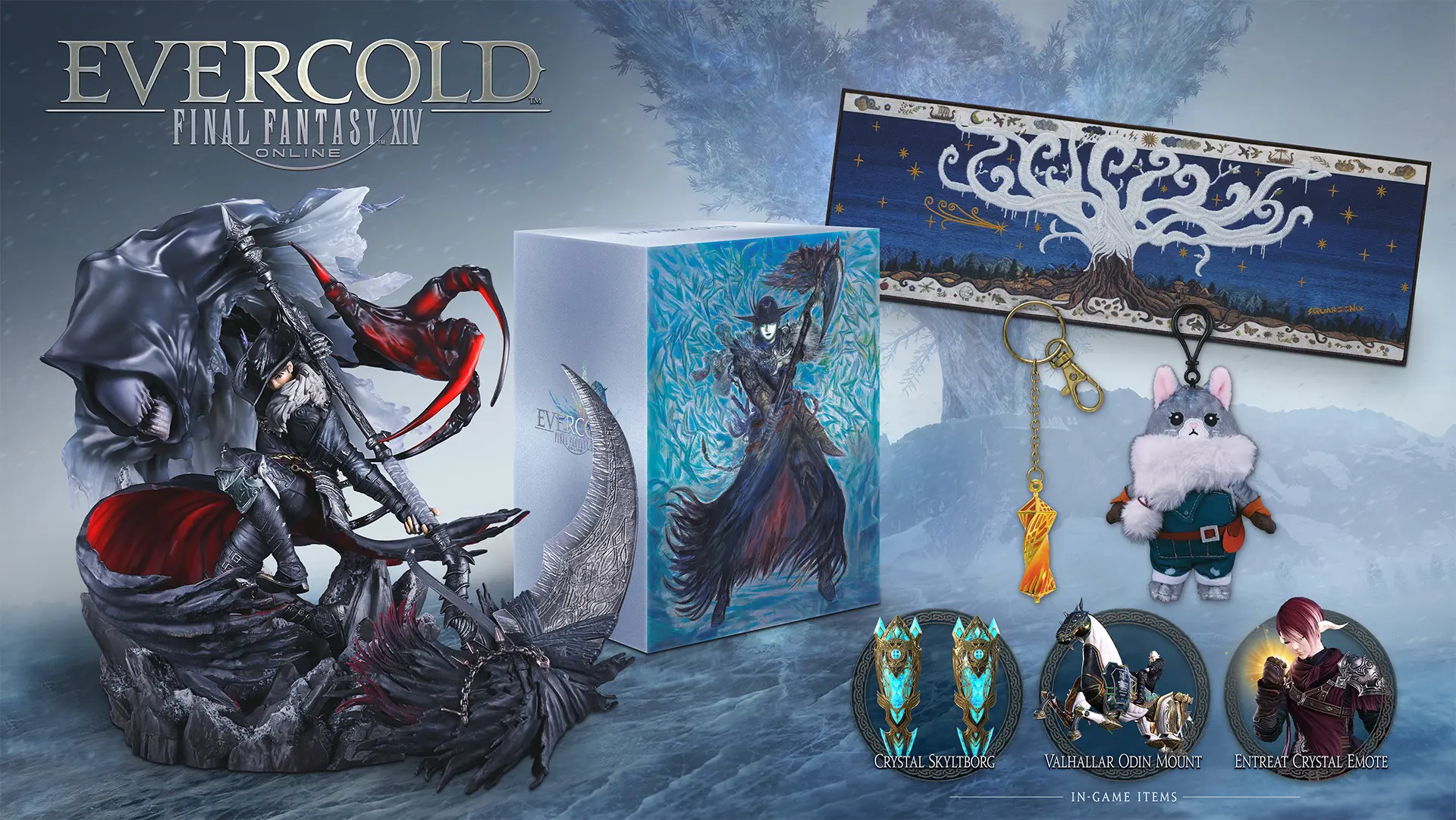 Promotional graphic showing the rewards for the FFXIV Evercold physical Collector's Box