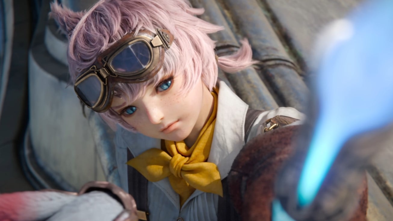 A female Miqo'te with aviation goggles