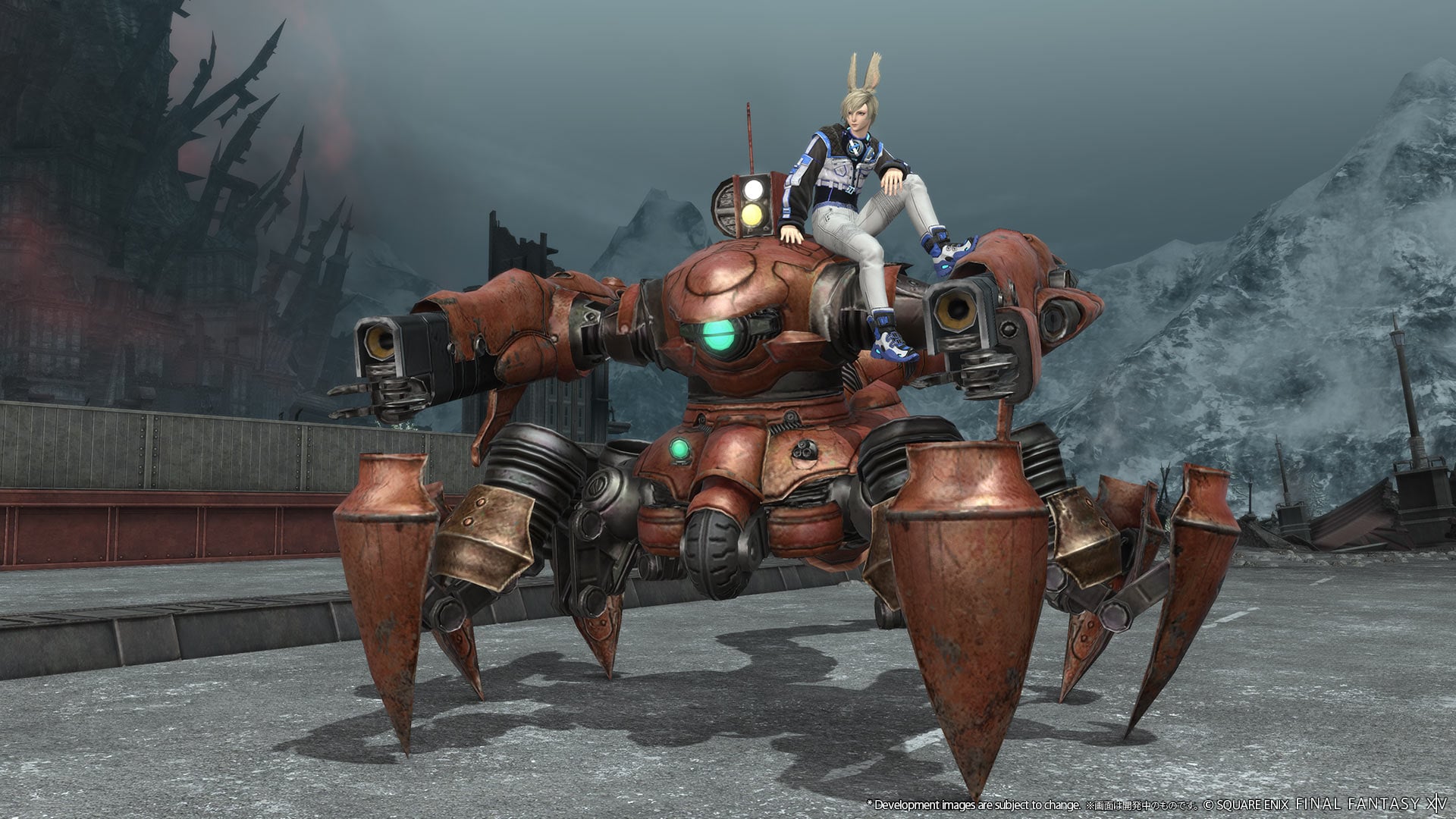 A player's character sitting on top of their Magitek Scorpion mount