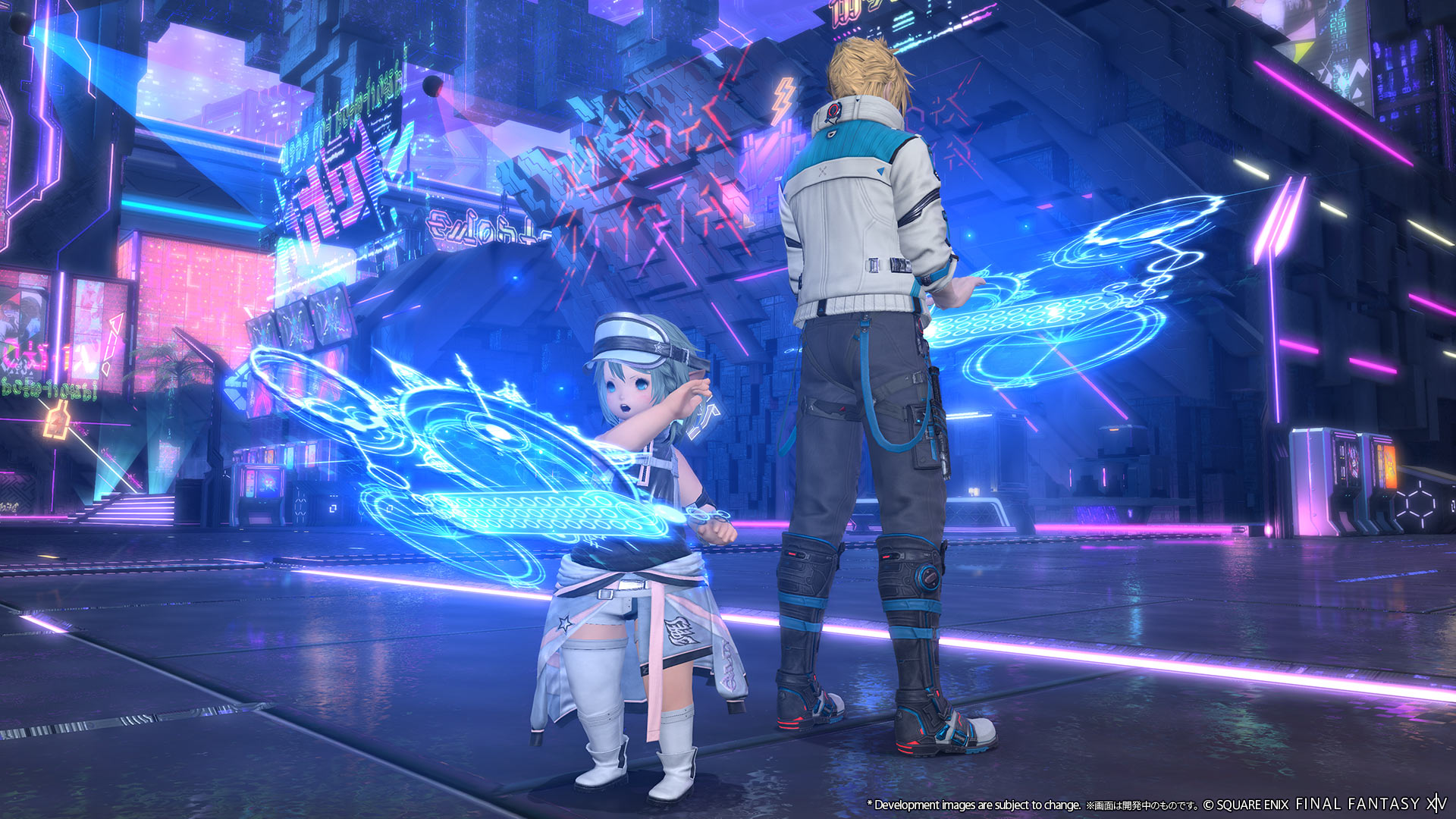 Two FFXIV characters deploying the Magitype emote