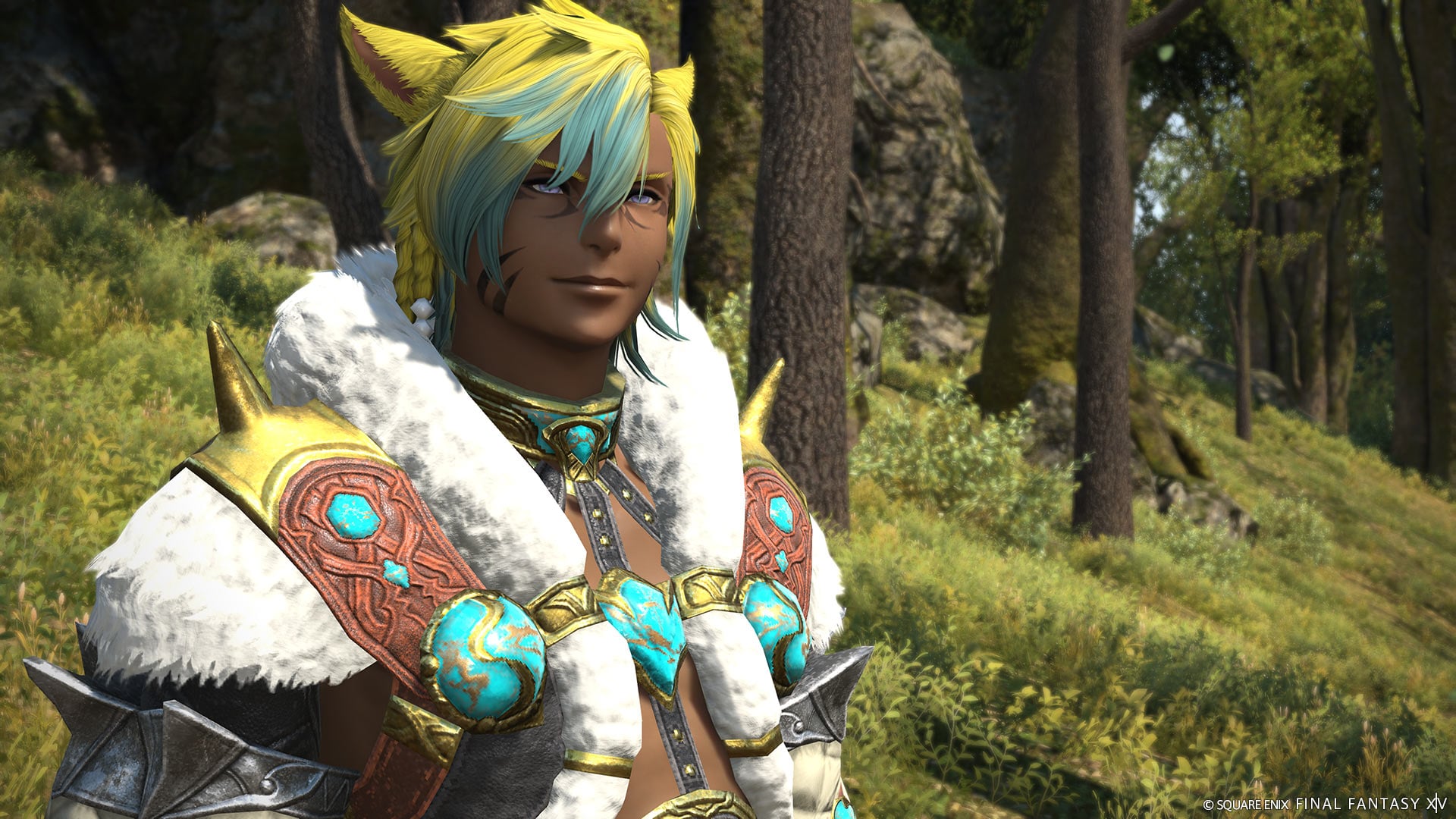 J'yhuh Tia, the job trainer for Beastmaster, in a forest