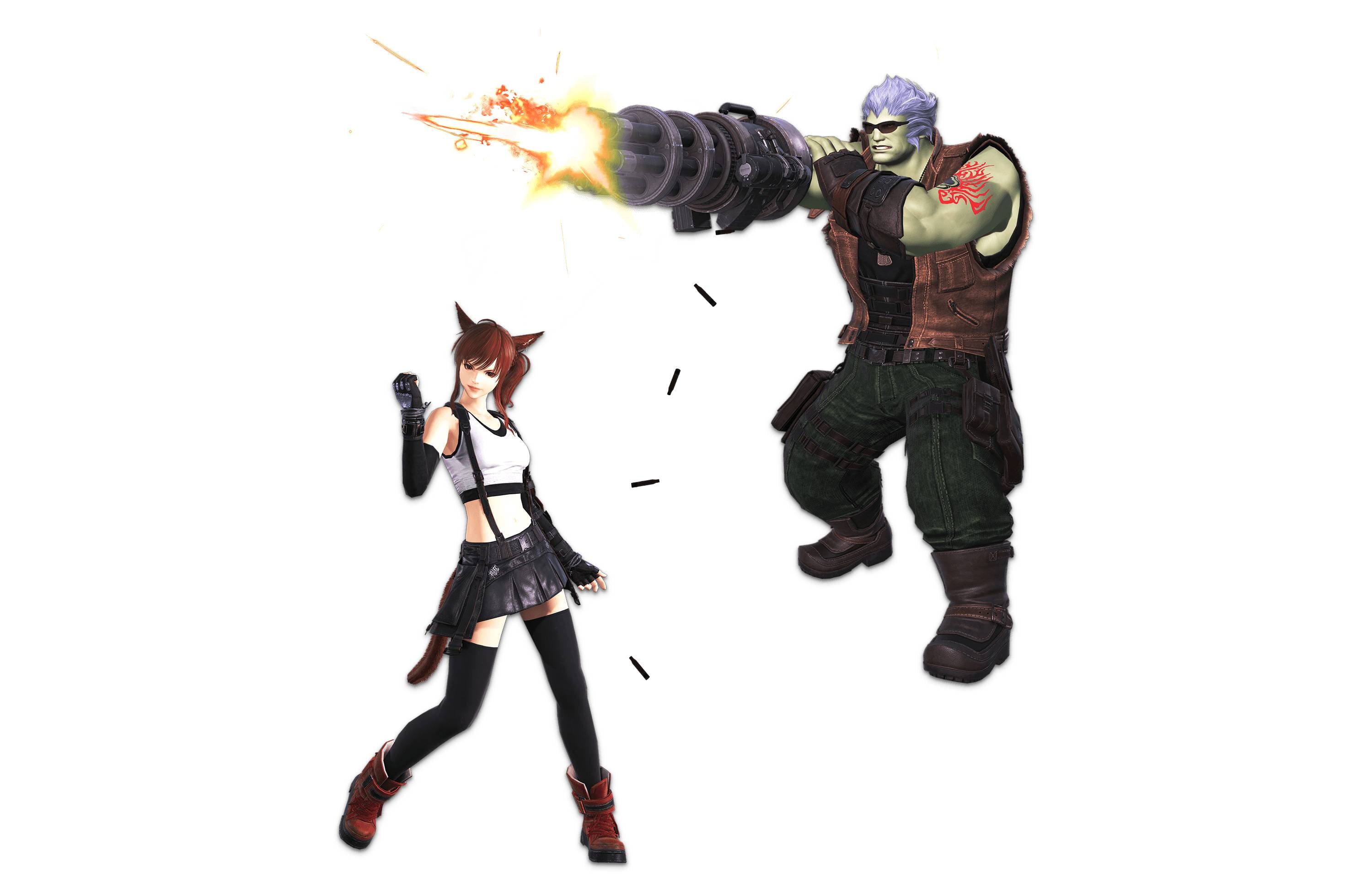 FFXIV characters wearing the Tifa and Barret attire sets