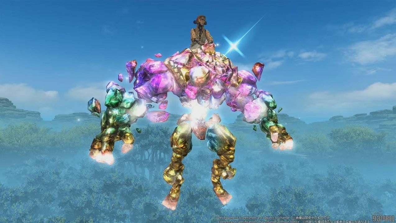 An Au Ra riding the Tourmaline Golem mount
